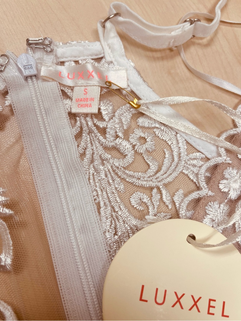 Luxxel Nude Bodysuit with Ivory Floral Embroidery - Picture 3 of 3